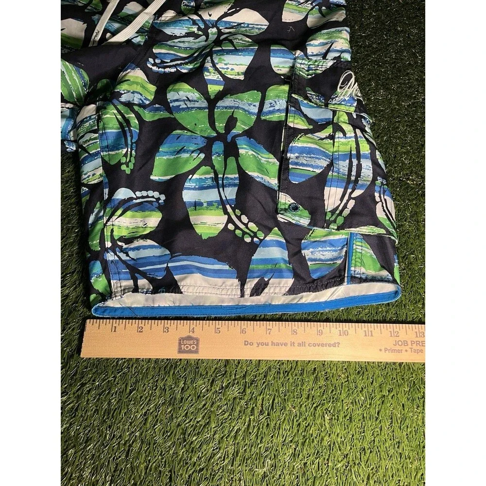 Maui and Sons Swim Trunks Floral Black Green Blue Men's M Elastic Waist Lined